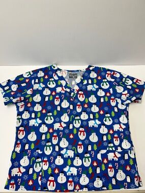 Buttersoft Snowman Scrub Top XL V Neck Penguin Christmas Candy Cane Stocking
